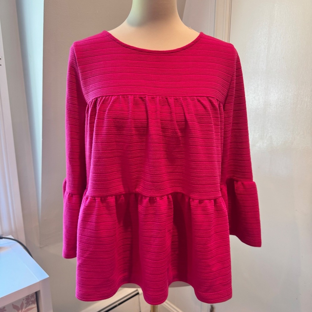 J.Crew Pink Textured Tiered Peplum Top Bell Sleeve | Size Medium
